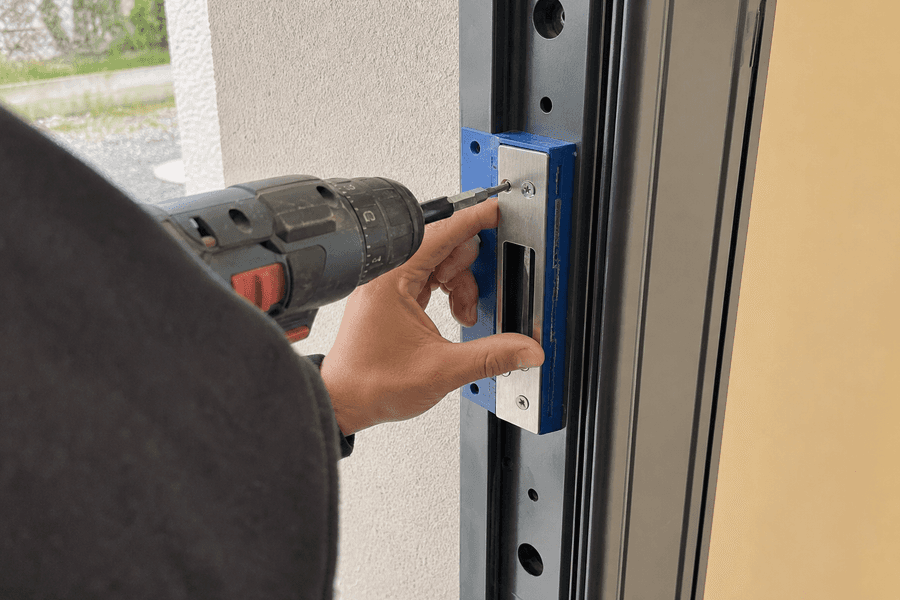 Pose de gâche renforcée sur cadre métallique de porte