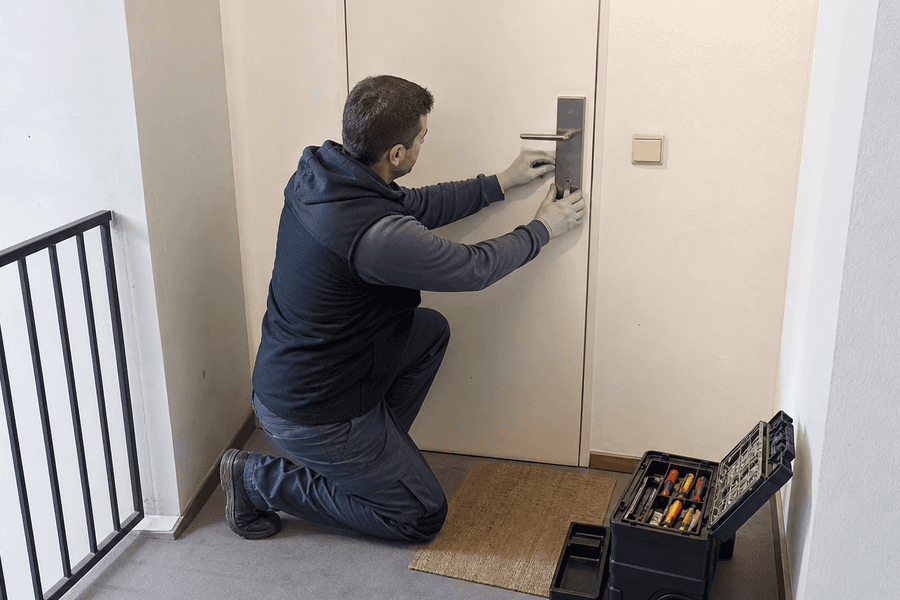 pose d’une plaque de renfort provisoire sur une porte