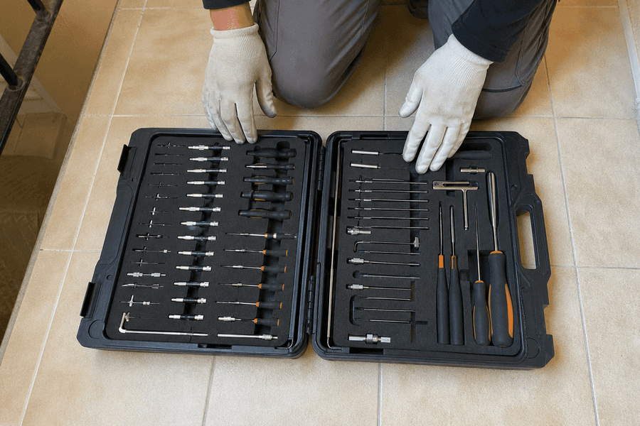 Mallette d'outils de serrurier ouverte sur palier